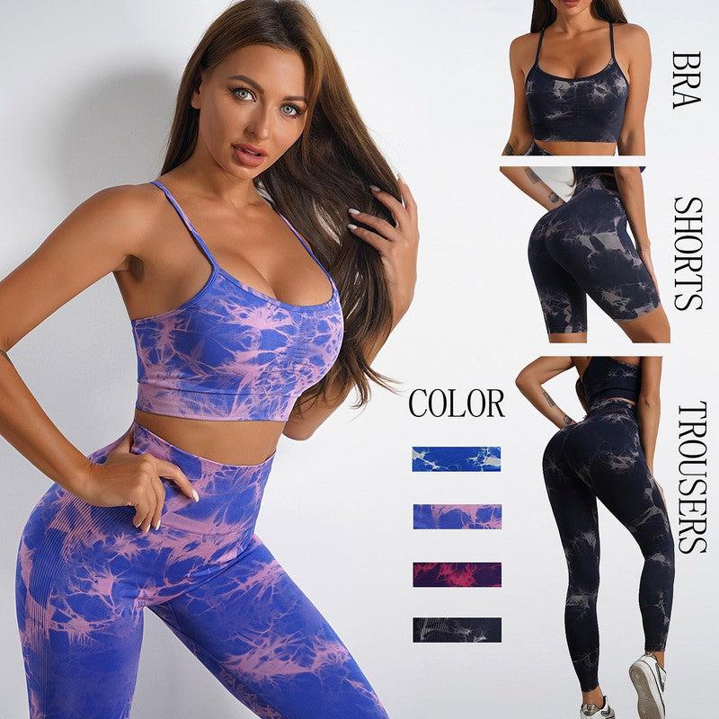 Cheky - Women's Tie-dye Print Yoga Suit Women Fitness Sports High Waist Trousers Or Shorts Set