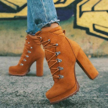 Cheky - Heeled Boots For Women Round Toe Lace UP High Heels Boots Mid Calf Shoes