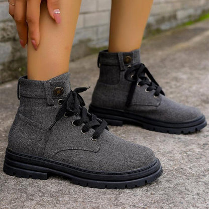 Cheky - Lace-up Denim Ankle Boots Women Fashion Platform Cowboy Boots Casual Fashion Autumn Winter Round Toe Shoes