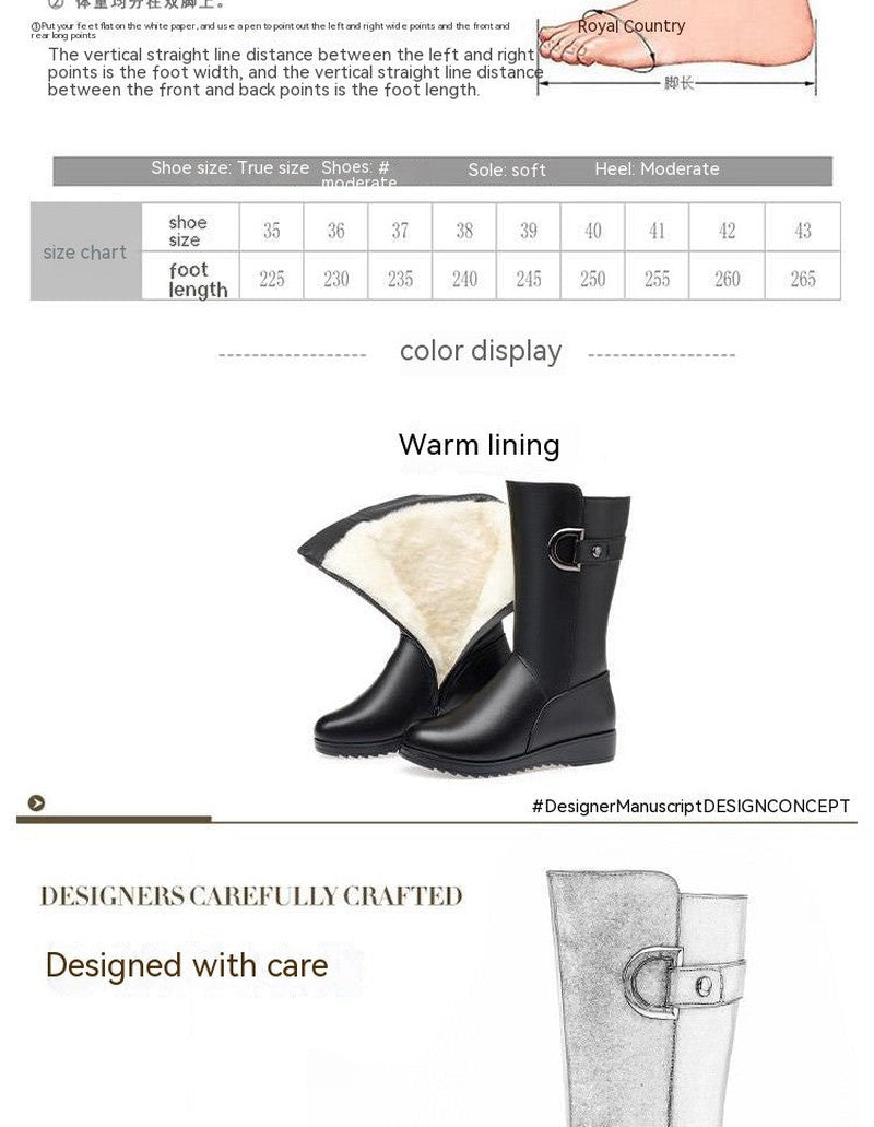 Cheky - Winter Flat Non-slip Leather Shoes Fleece-lined Thermal Middle Tube Cotton Boots