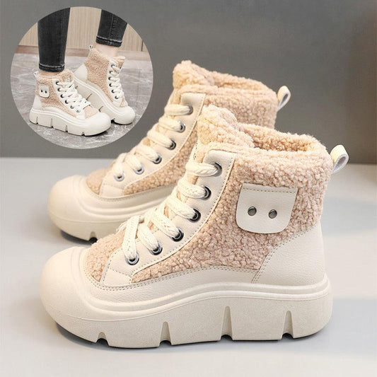 Cheky - Lace-up High-top Flat Shoes For Women Winter Warm Cashmere Snow Boots Fashion Street Campus Students Height Increasing Shoes