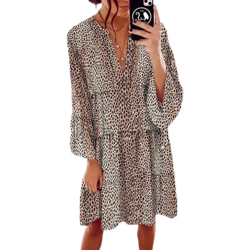 Cheky - Women's Clothing Leopard Print V-neck Plus Size Loose Long Sleeve Dress