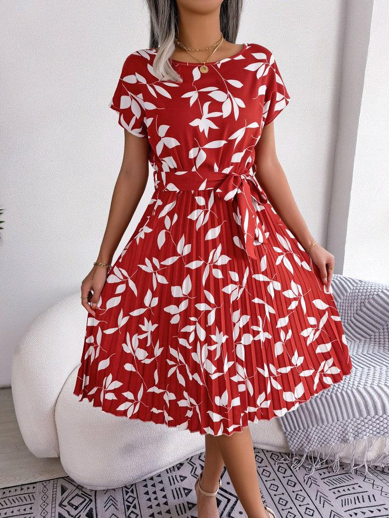 Cheky - Leaf Print Dress Women Short Sleeve Lace-up Skirt Summer Beach Dress