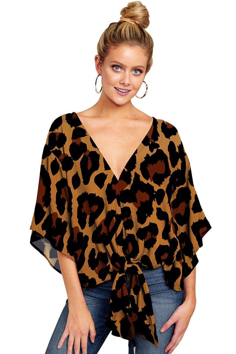 Cheky - New V Neck Blouse Women Leopard Print Shirts Floral Tie Front Blouses Batwing Summer Oversize Ladies Tops