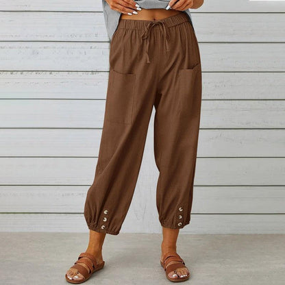 Cheky - Women Drawstring Tie Pants Spring Summer Cotton And Linen Trousers With Pockets Button