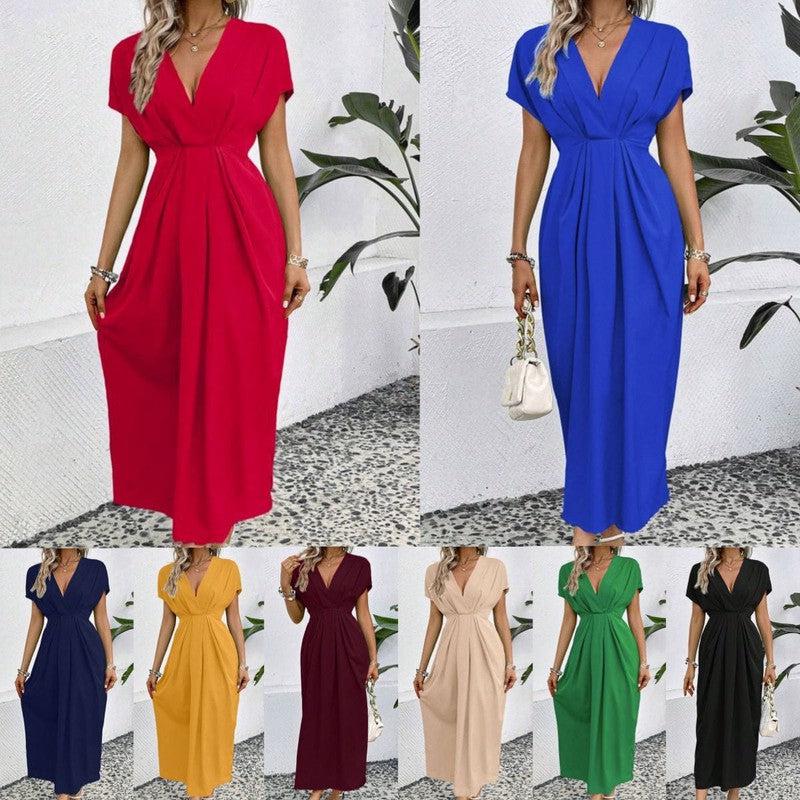 Cheky - Solid Color Deep V Shoulder Sleeve Folding Elastic Waist Long Dress