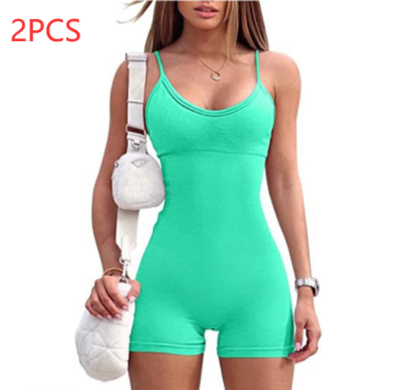 Cheky - Spaghetti Strap Shorts Jumpsuit Sports Yoga Workout Tight Romper Women Fashion Fitness Sportwear