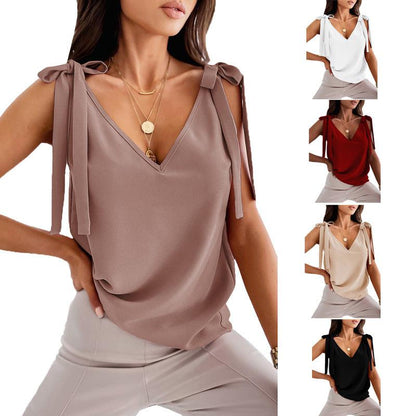 Cheky - Bowknot Tie Up Camisole V-neck Shirts Women Summer Sleeveless Tank Tops