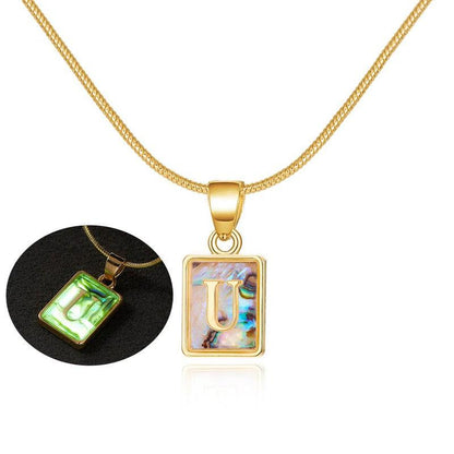 Cheky - 26 Letter Square Necklace Colorful Shell Luminous Pendant Chain Necklace For Women Temperament Ladies Jewelry