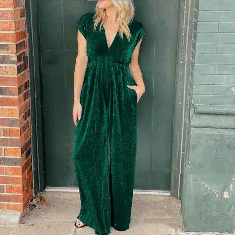 Cheky - V-neck Short-sleeved High Waist Long Jumpsuit