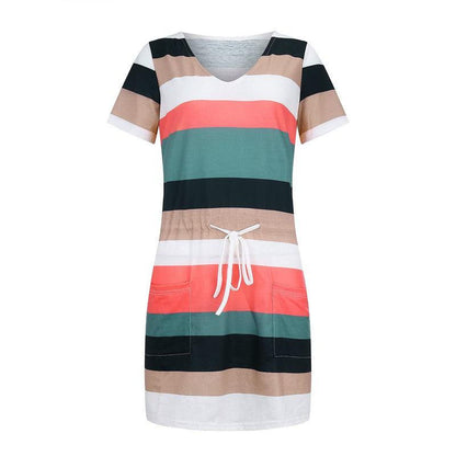 Cheky - Striped Print Short-sleeved Dresses Summer Fashion V-neck Drawstring Design Short Dress Beach Womens Clothing