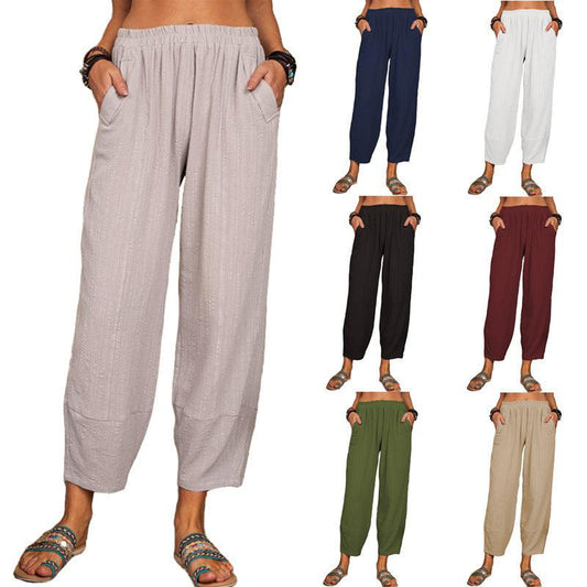 Cheky - Women's Solid Color Loose Cotton And Linen Casual Pants Home