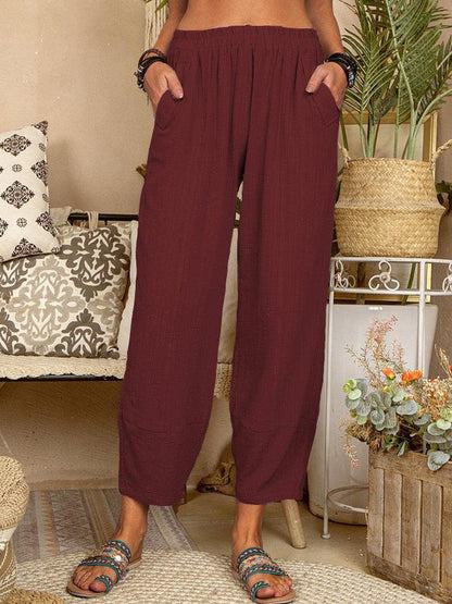 Cheky - Women's Solid Color Loose Cotton And Linen Casual Pants Home