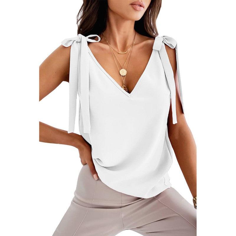 Cheky - Bowknot Tie Up Camisole V-neck Shirts Women Summer Sleeveless Tank Tops