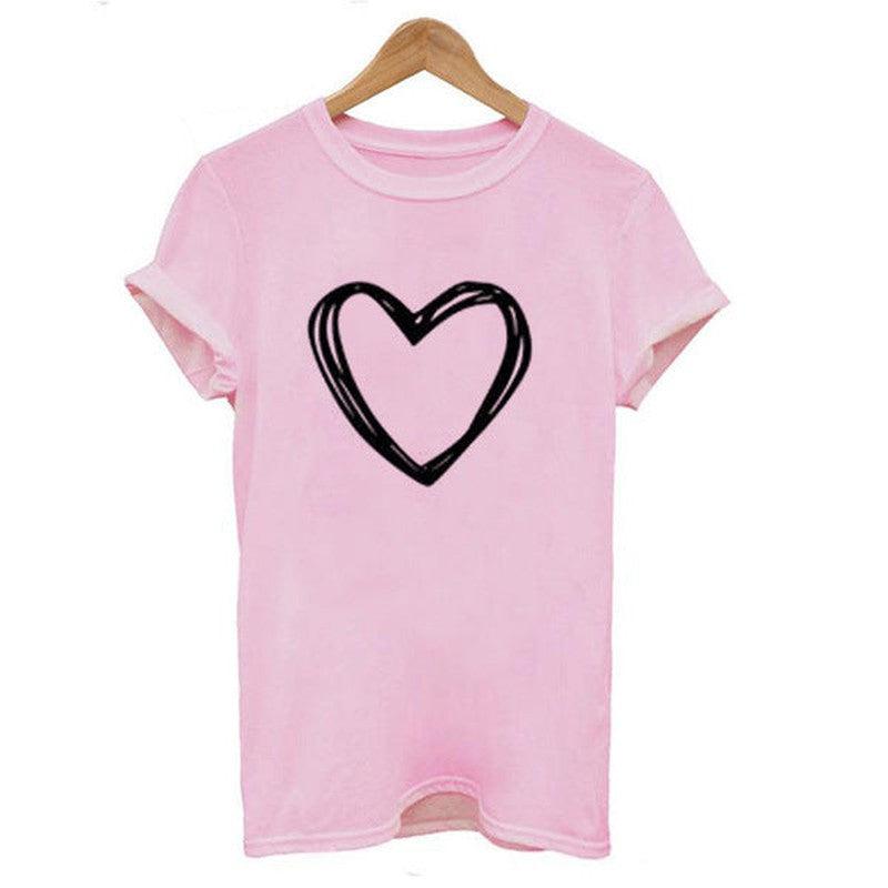 Cheky - Heart Print T Shirt Women Short Sleeve O Neck Loose Tshirt Summer Women Causal Tee Shirt Tops Clothes Camisetas Mujer