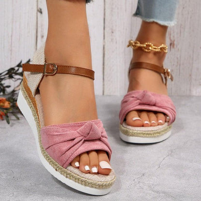 Cheky - New Thick-soled Bow Sandals Summer Fashion Casual Linen Buckle Wedges Shoes For Women