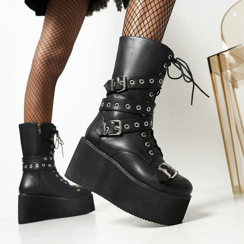 Cheky - Women's British-style Platform Black Rivet Boots