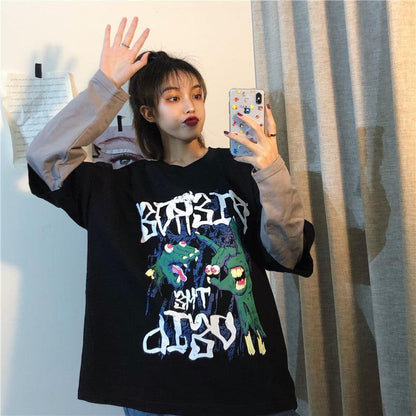 Cheky - Spring sports fake two-piece hedging cartoon T-shirt women loose