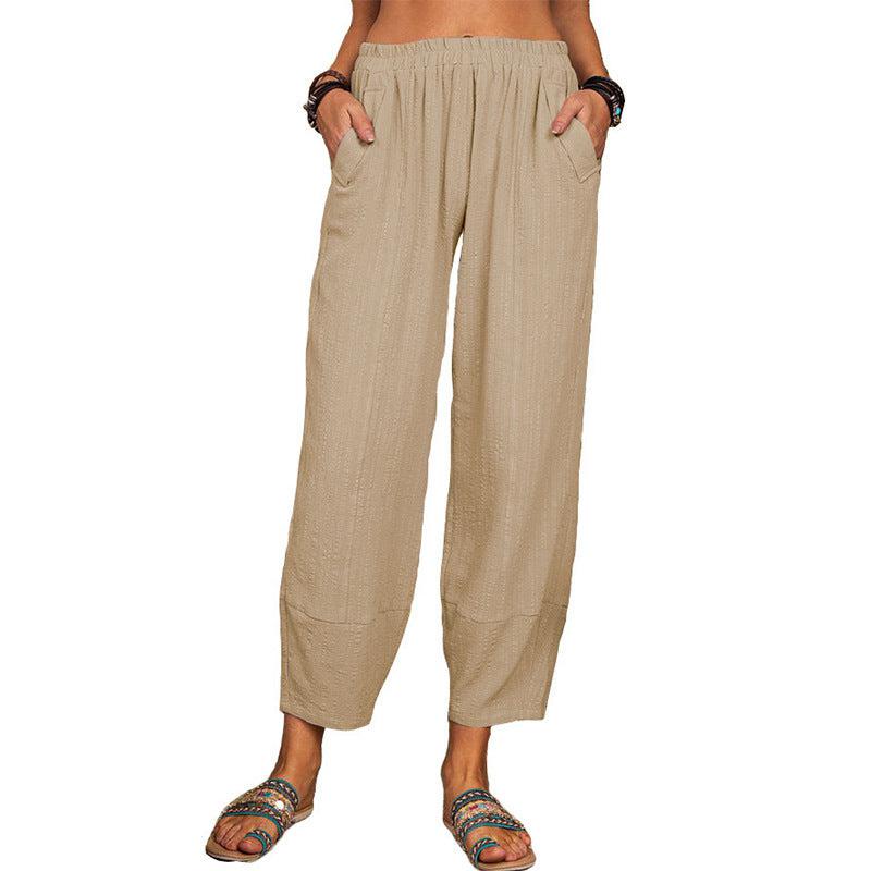 Cheky - Women's Solid Color Loose Cotton And Linen Casual Pants Home