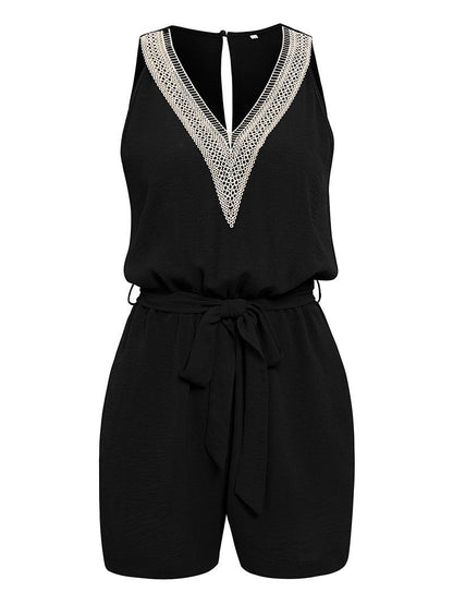 Cheky - Casual Jumpsuit Lace V-neck Sleeveless Tops Tie-up Shorts Summer Beach Clothes