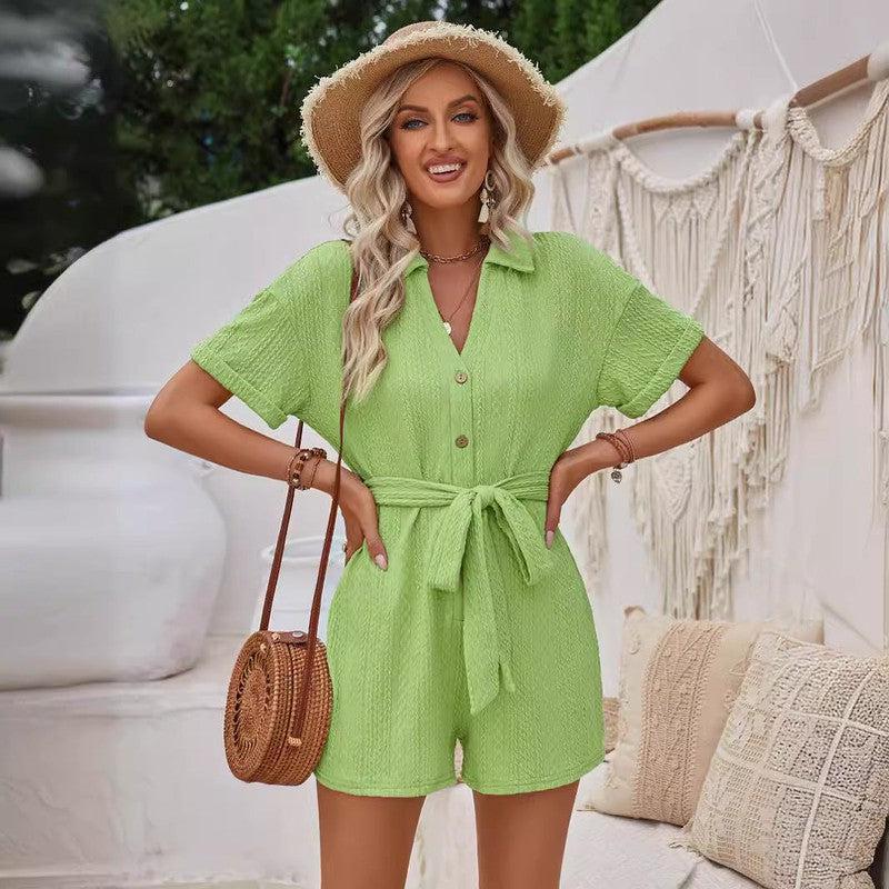 Cheky - Women's Short-sleeved Shorts Jumpsuit Lace-up Turn-down Collar Solid Color Clothing Summer