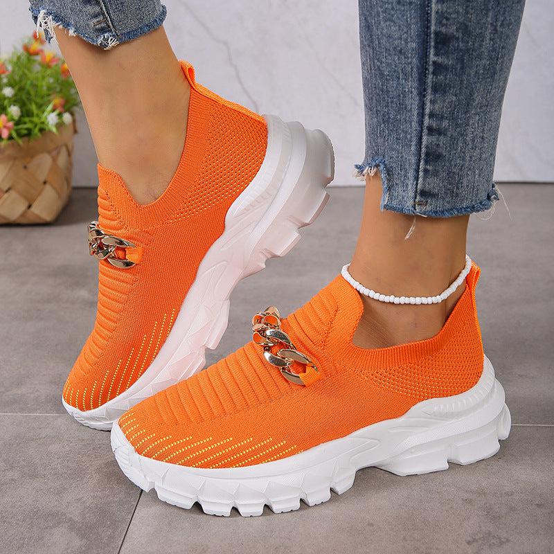 Cheky - Fashion Chain Design Mesh Shoes For Women Breathable Casual Soft Sole Walking Sock Slip On Flat Shoes