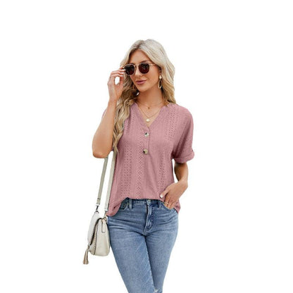 Cheky - V-neck Rolled Hem Short-sleeved Top Summer Fashion Button Hollow Design Loose Casual T-shirt Womens Clothing