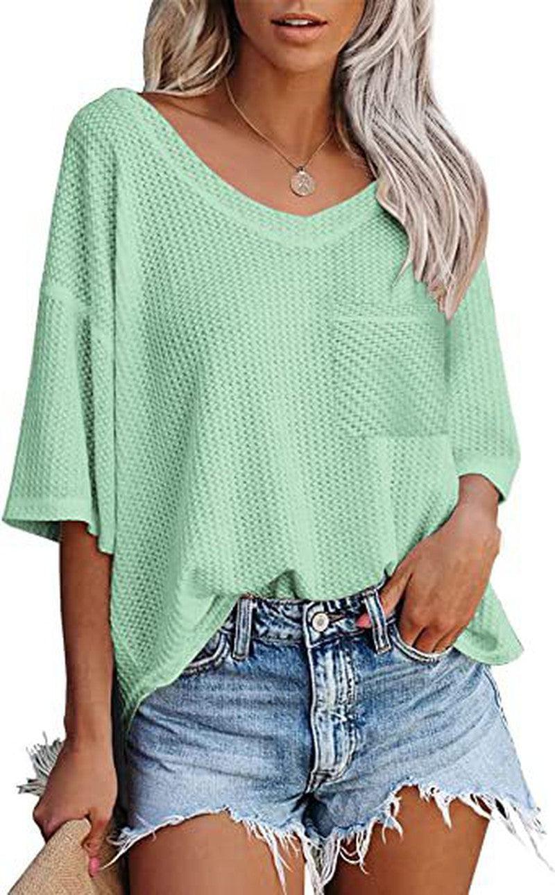 Cheky - V-neck Shirts Women Summer Short Sleeve Green Tops With Patched Pocket