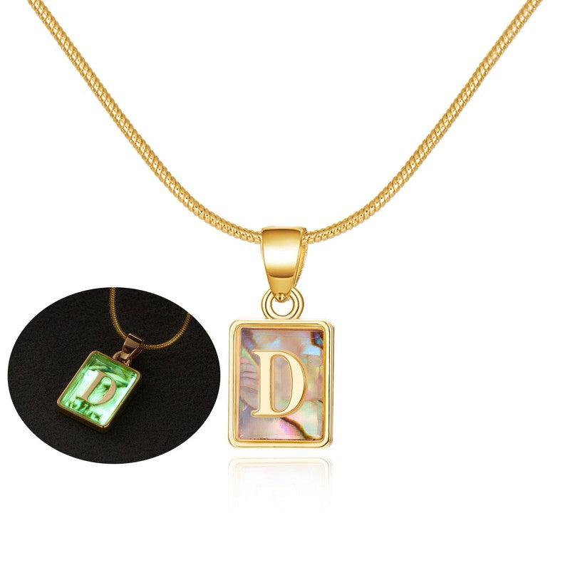 Cheky - 26 Letter Square Necklace Colorful Shell Luminous Pendant Chain Necklace For Women Temperament Ladies Jewelry