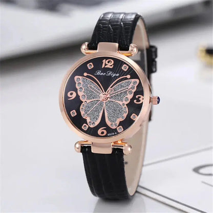 Cheky - Butterfly Diamond Dial Design Women Quartz Watches Fashion Casual Ladies Wristwatches Simple Woman Leather Clock Montre Femme