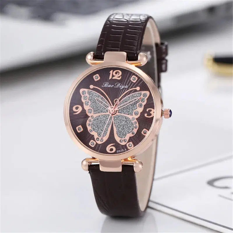 Cheky - Butterfly Diamond Dial Design Women Quartz Watches Fashion Casual Ladies Wristwatches Simple Woman Leather Clock Montre Femme