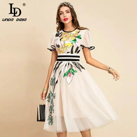 Cheky - LD LINDA DELLA New 2021 Women Summer Fashion Runway Midi Dress Butterfly Sleeve Sequined Embroidery Ladies Slim A-Line Dresses