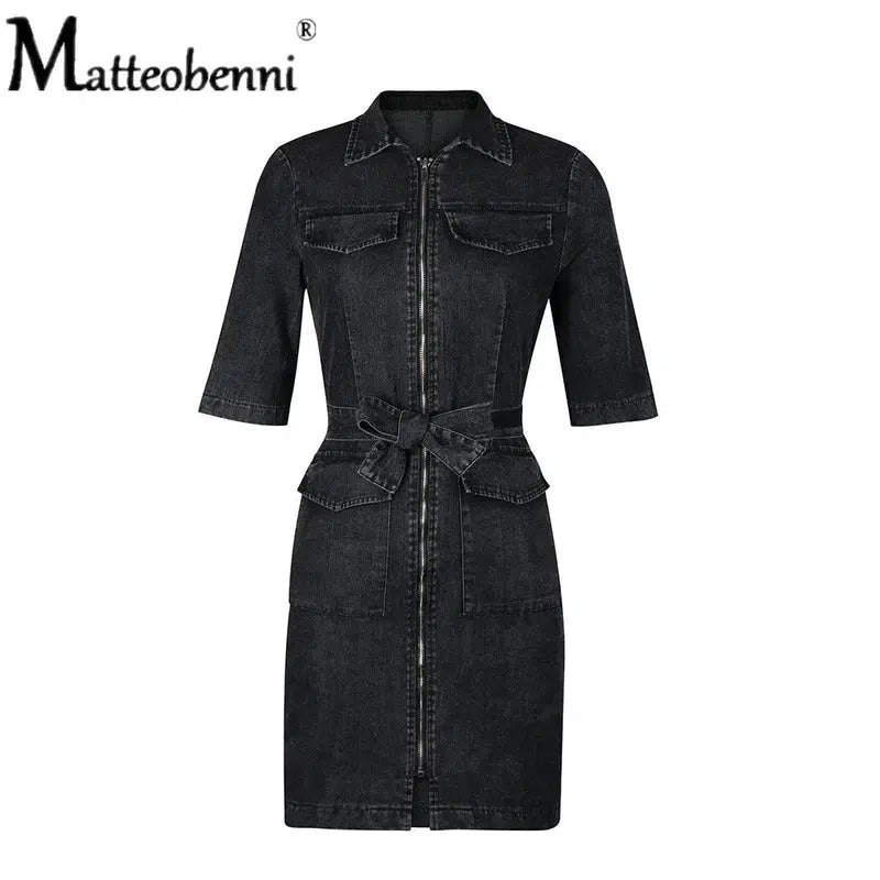 Cheky - Denim Dress Zipper Casual V Nec