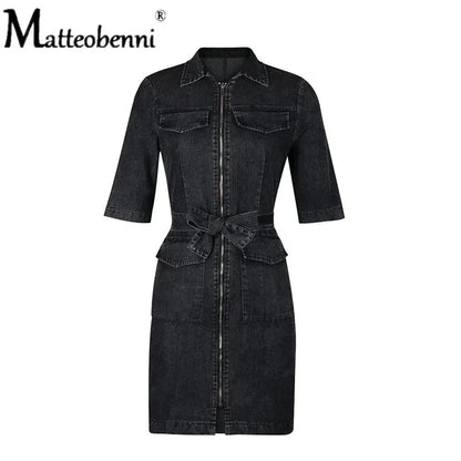 Cheky - Denim Dress Zipper Casual V Nec