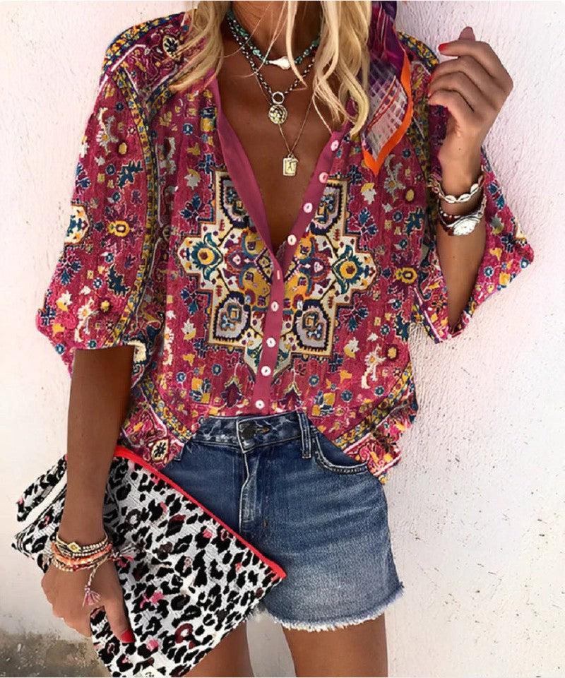 Cheky - Women's Fashion Stand Collar Loose Button Vintage Printed Casual Shirt