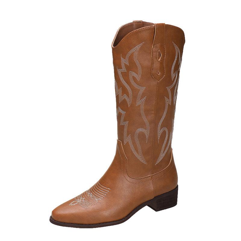 Cheky - Summer Brown V Cut Thick High Heel Embroidery Retro Western Cowboy Boot