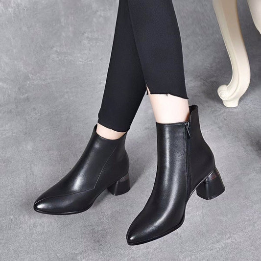 Cheky - Women's Fashion Pointed Toe Chunky Heel Cowhide Ankle Boots