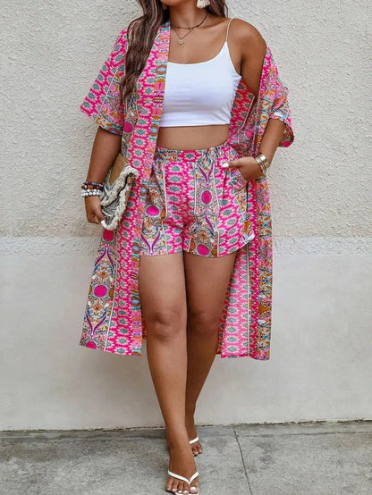 Cheky - Women's Plus Size Printed Two-piece Set, featuring a bohemian print open front kimono with short sleeves and shorts ensemble.