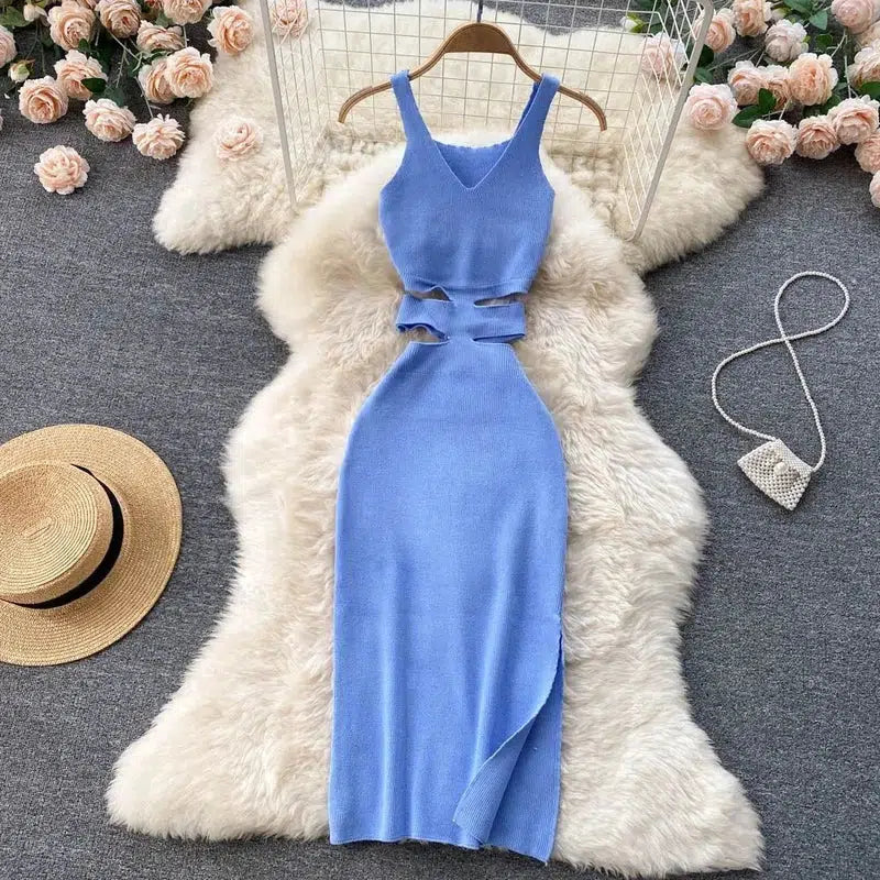 Cheky - YuooMuoo Women Dress Sexy Cut Out Waist Package Hips Split Bodycon Dress Summer Fashion Lady Knitted Party Vestidos Sundress