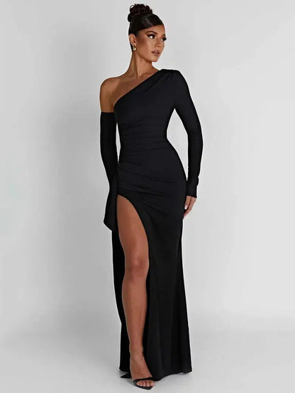 Cheky - Mozision Oblique Shoulder Thigh High Split Maxi Dress Women Long Sleeve Backless Bodycon Sexy Club Party Long Dress Vestidos