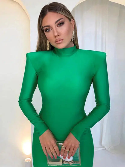 Cheky - Hugcitar Solid Long Sleeve With Shoulder Pads Turtleneck Maxi Dress New Year Women Fashion Streetwear Elegant Skinny