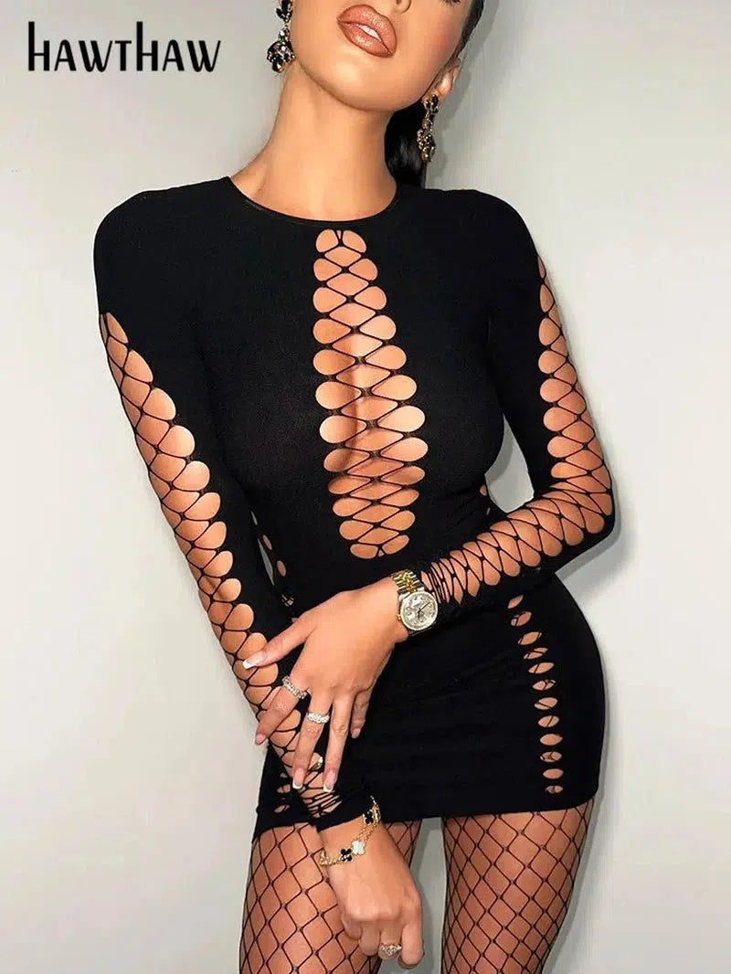 Cheky - Hawthaw Women Sexy Long Sleeve Club Bodycon Hollow Out Black Short Mini Dress Fall Clothing Wholesale Items For Business