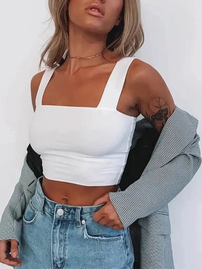 Cheky - Square Neck Sleeveless Summer Crop Top White Women Black Casual Basic T Shirt Off Shoulder Cami Sexy Backless Tank Top