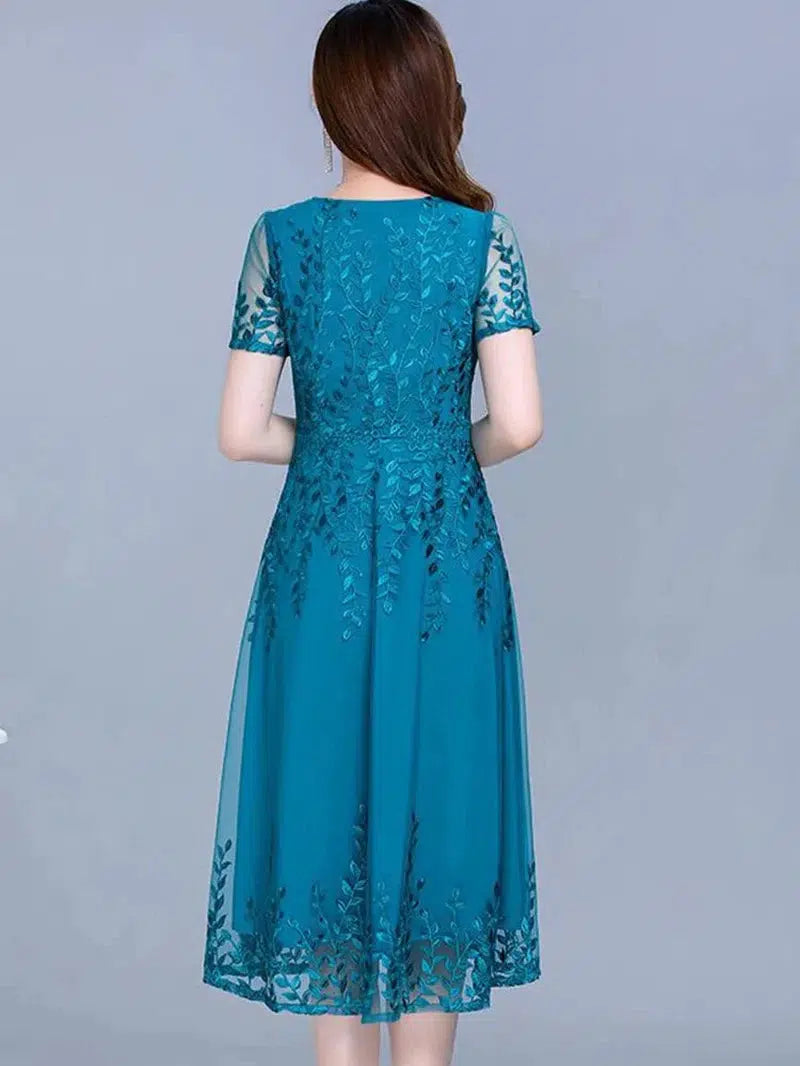 Cheky - Blue Casual Chiffon Mesh Korean Long Dress Summer Women New Tunics Midi Fashion Elegant Prom Evening Dresses Short Sleeve