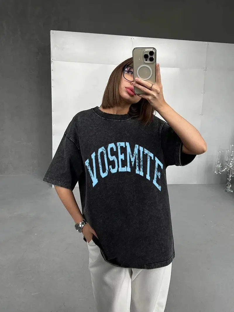 Cheky - Hirsionsan Acid Washed T Shirt Women Vintage Cotton T-shirts Streetwear Soft Mineral Tees Girl Loose Luxury Brand Tops Y2k