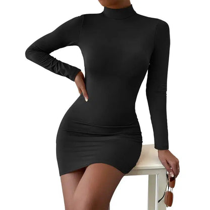 Cheky - New Arrival Turtleneck Long Sleeve Skinny Mini Dress Sexy Skirt Dresses Women Elegant Chest Slim Pleated Dress