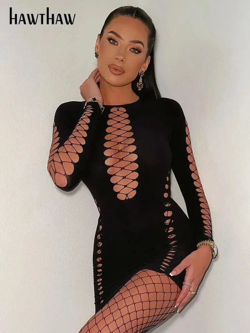 Cheky - Hawthaw Women Sexy Long Sleeve Club Bodycon Hollow Out Black Short Mini Dress Fall Clothing Wholesale Items For Business