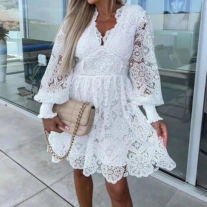 Cheky - Summer Loose Vintage Solid Color Lace Dress Fashion V-Neck Flare Sleeve Embroidery Dress Women New Hollow Out Pattern Mini Dress