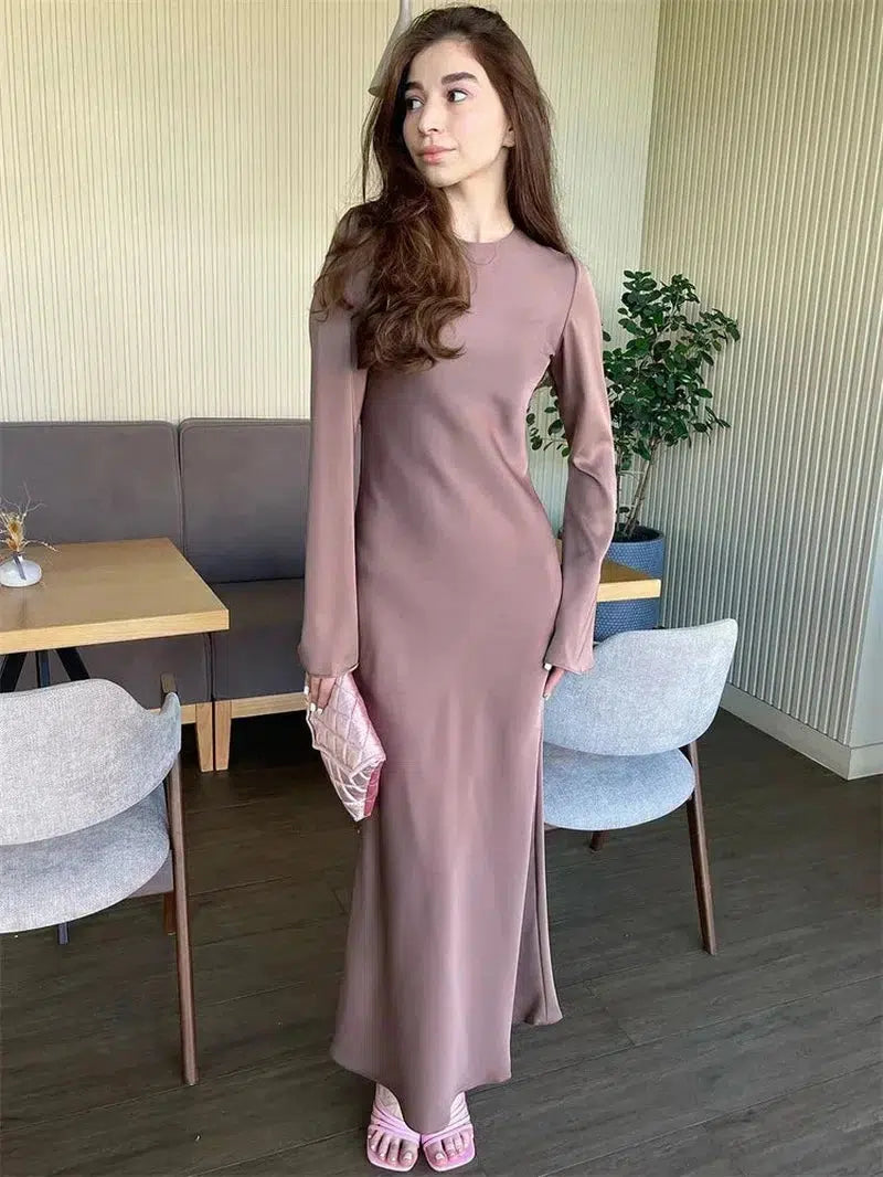 Cheky - Tossy Satin Fashion Slim Maxi Dress For Women Long Sleeve High Waist Elegant Solid Party Dress Casual Luxury Ladies Autumn Dress