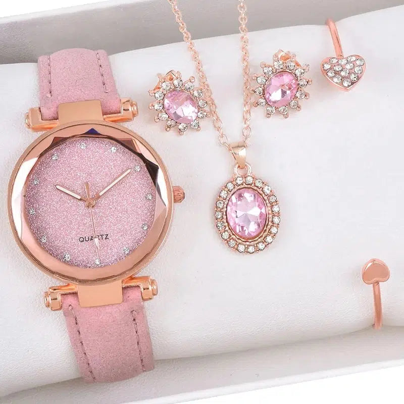 Cheky - 4PCS Set Luxury Women Watches Rhinestone Fashion Elegant Wristwatch Quartz Watch Ladies Clock For Girl Gift